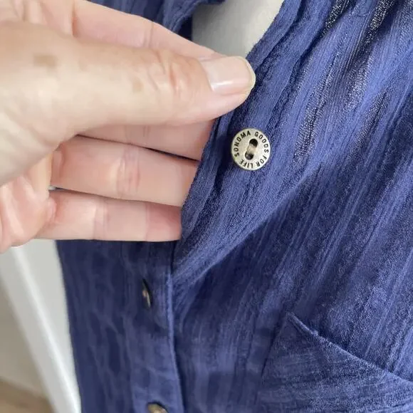 Sonoma Women L Embroidered Button Up Shirt Collared Cotton Gauzy Top Blue Tunic - Picture 5 of 10